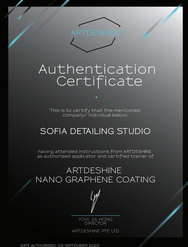 Artdeshine authentication certificate на Sofia Detailing Studio от 2020 година